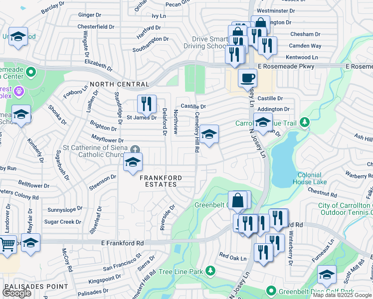 map of restaurants, bars, coffee shops, grocery stores, and more near 1725 Paxton Dr in Carrollton