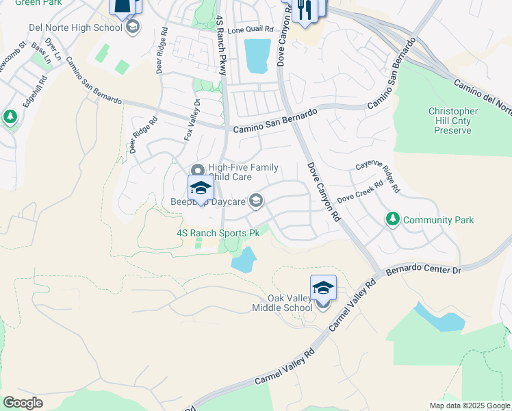 map of restaurants, bars, coffee shops, grocery stores, and more near 15076 Cross Stone Drive in San Diego