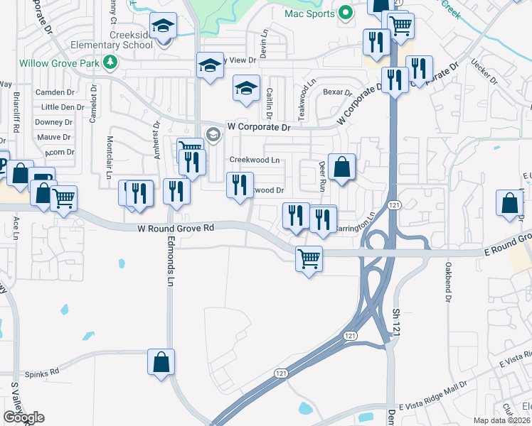 map of restaurants, bars, coffee shops, grocery stores, and more near 409 West Round Grove Road in Lewisville