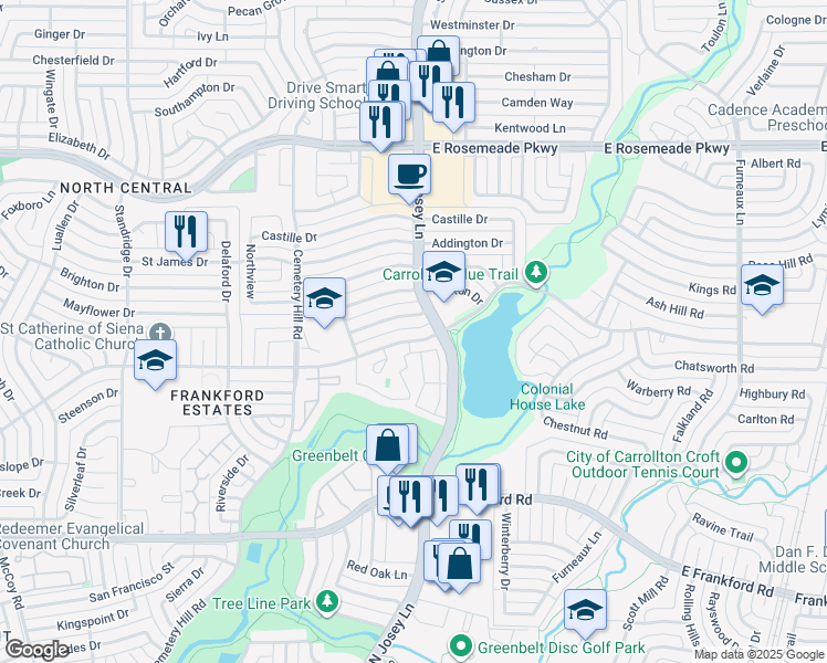 map of restaurants, bars, coffee shops, grocery stores, and more near 3200 North Josey Lane in Carrollton