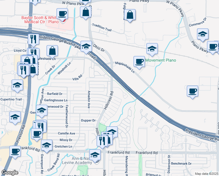 map of restaurants, bars, coffee shops, grocery stores, and more near 18711 Sagewood Drive in Dallas