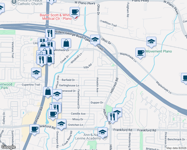 map of restaurants, bars, coffee shops, grocery stores, and more near 18943 Fortson Avenue in Dallas