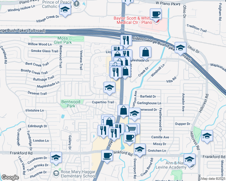 map of restaurants, bars, coffee shops, grocery stores, and more near 18731 Riverstone Court in Dallas