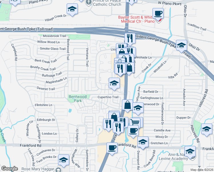 map of restaurants, bars, coffee shops, grocery stores, and more near 18723 Redstone Circle in Dallas
