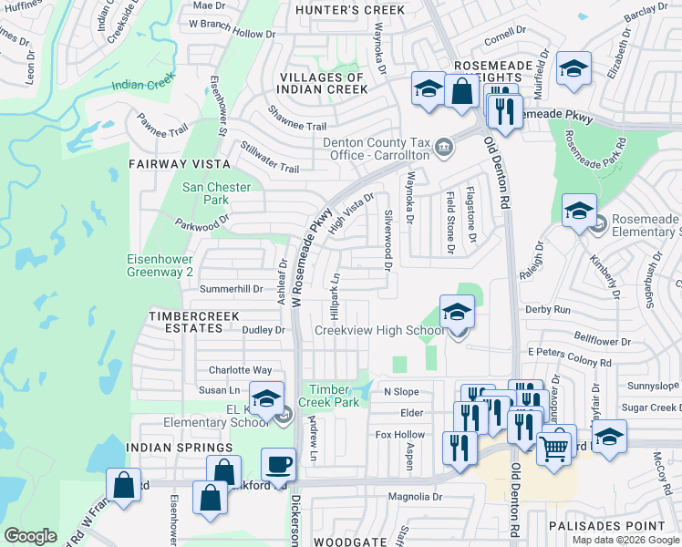 map of restaurants, bars, coffee shops, grocery stores, and more near 3420 Hillpark Lane in Carrollton