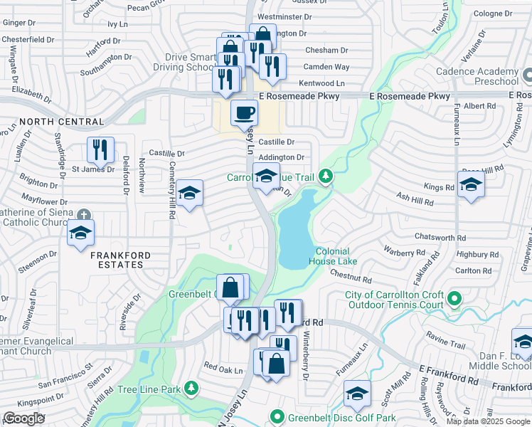 map of restaurants, bars, coffee shops, grocery stores, and more near 3200 North Josey Lane in Carrollton