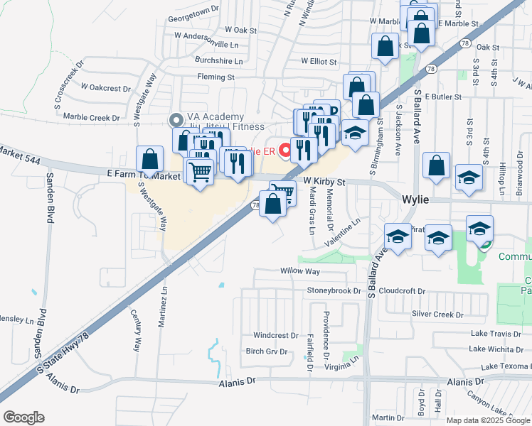 map of restaurants, bars, coffee shops, grocery stores, and more near 621 Texas 78 in Wylie