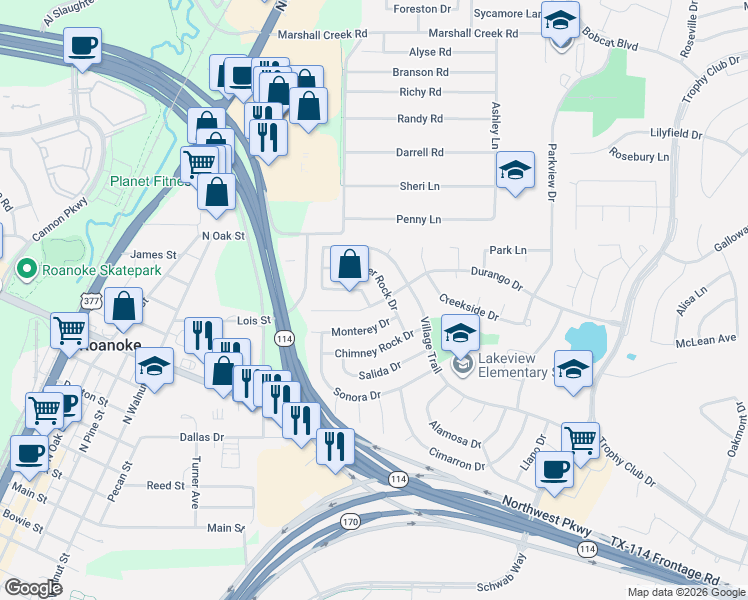 map of restaurants, bars, coffee shops, grocery stores, and more near 104 Rolling Rock Drive in Trophy Club