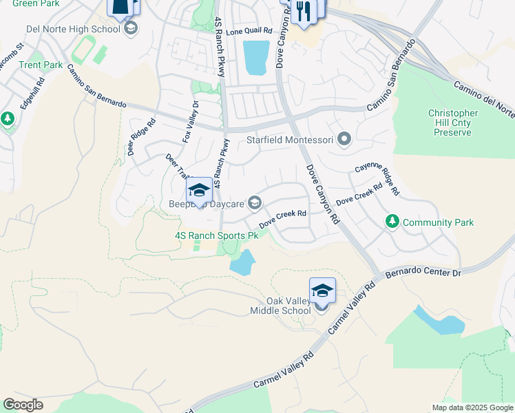 map of restaurants, bars, coffee shops, grocery stores, and more near 15082 Cross Stone Drive in San Diego