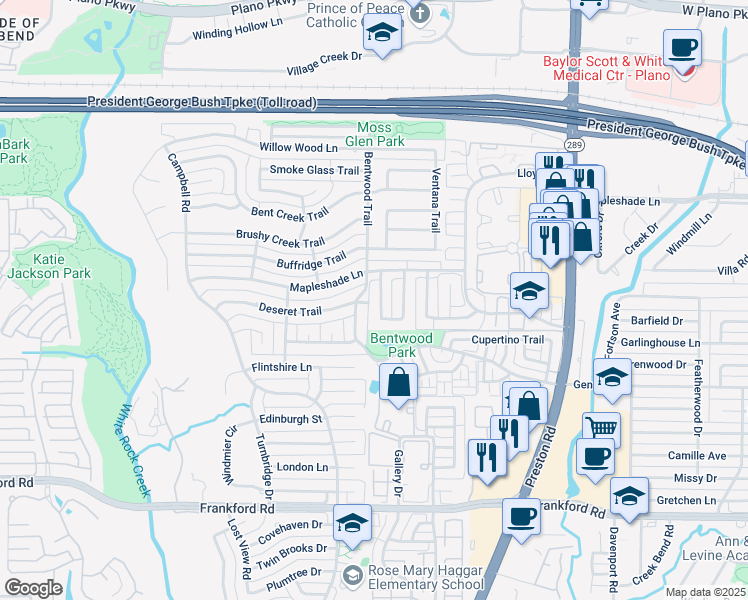 map of restaurants, bars, coffee shops, grocery stores, and more near 18727 Mapletree Lane in Dallas