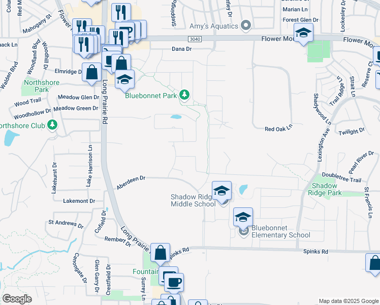 map of restaurants, bars, coffee shops, grocery stores, and more near 2208 Malick Drive in Flower Mound