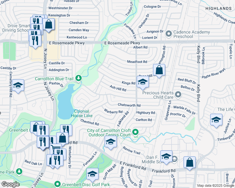 map of restaurants, bars, coffee shops, grocery stores, and more near 2020 Ash Hill Road in Carrollton
