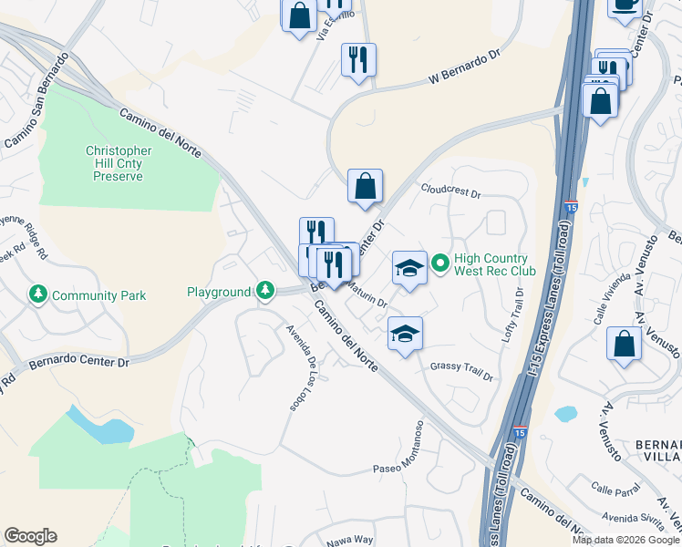 map of restaurants, bars, coffee shops, grocery stores, and more near Bernardo Center Dr & Maturin Dr in San Diego