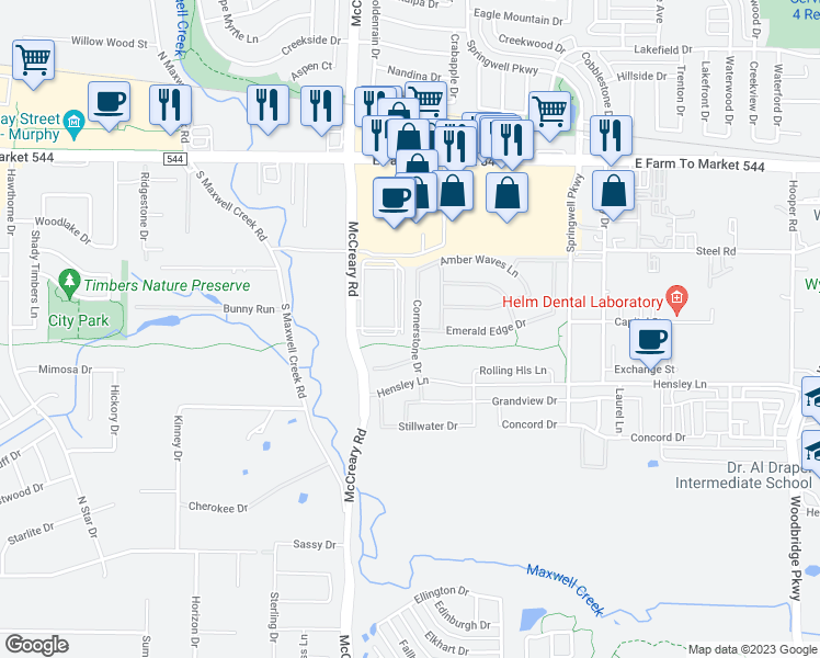 map of restaurants, bars, coffee shops, grocery stores, and more near 326 Cornerstone Drive in Wylie