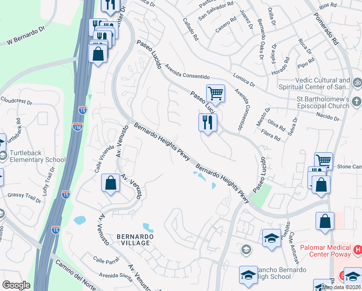 map of restaurants, bars, coffee shops, grocery stores, and more near 12105 View Pointe Row in San Diego