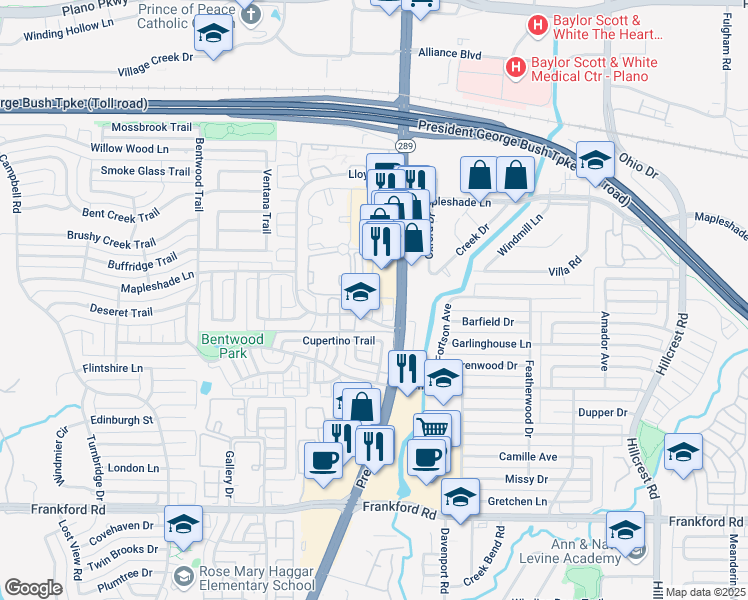 map of restaurants, bars, coffee shops, grocery stores, and more near 18731 Riverstone Court in Dallas
