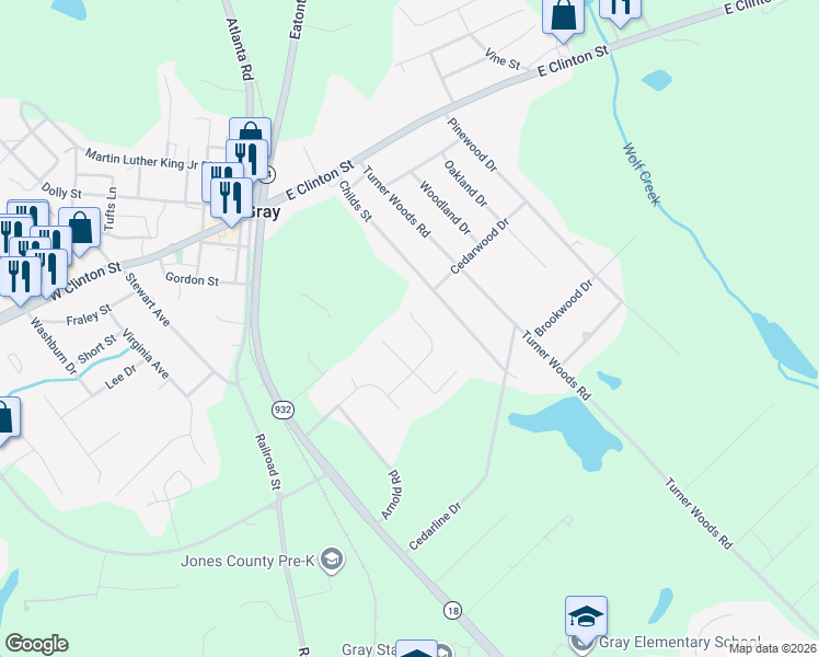 map of restaurants, bars, coffee shops, grocery stores, and more near 250 Autumn Ridge Court in Gray