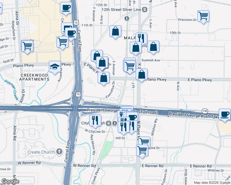 map of restaurants, bars, coffee shops, grocery stores, and more near 680 Executive Drive in Plano
