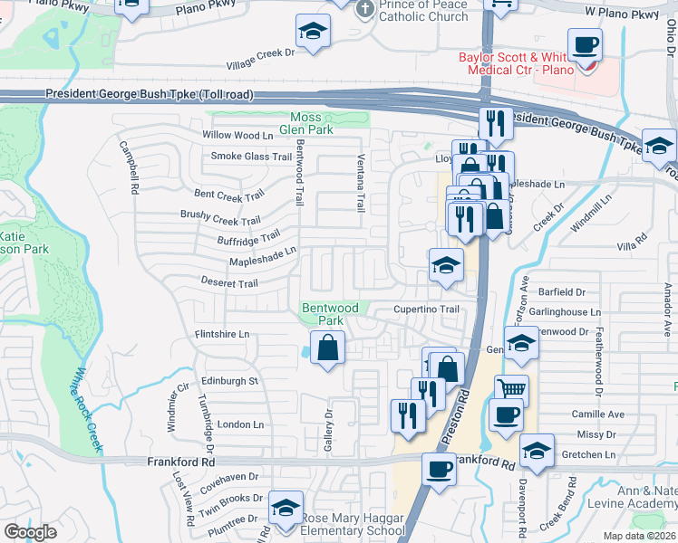 map of restaurants, bars, coffee shops, grocery stores, and more near 18724 Thorntree Lane in Dallas
