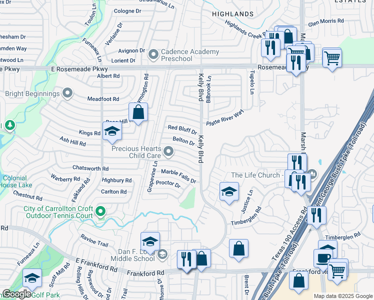 map of restaurants, bars, coffee shops, grocery stores, and more near 2220 Belton Drive in Carrollton