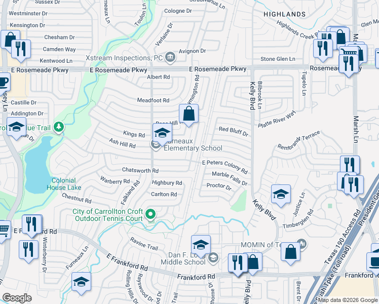 map of restaurants, bars, coffee shops, grocery stores, and more near 3213 Rose Hill Road in Carrollton
