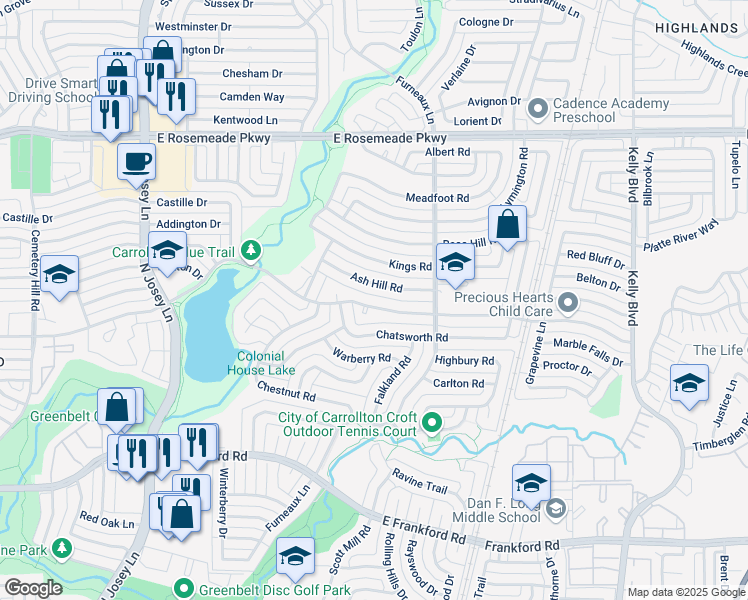 map of restaurants, bars, coffee shops, grocery stores, and more near 2020 Ash Hill Road in Carrollton