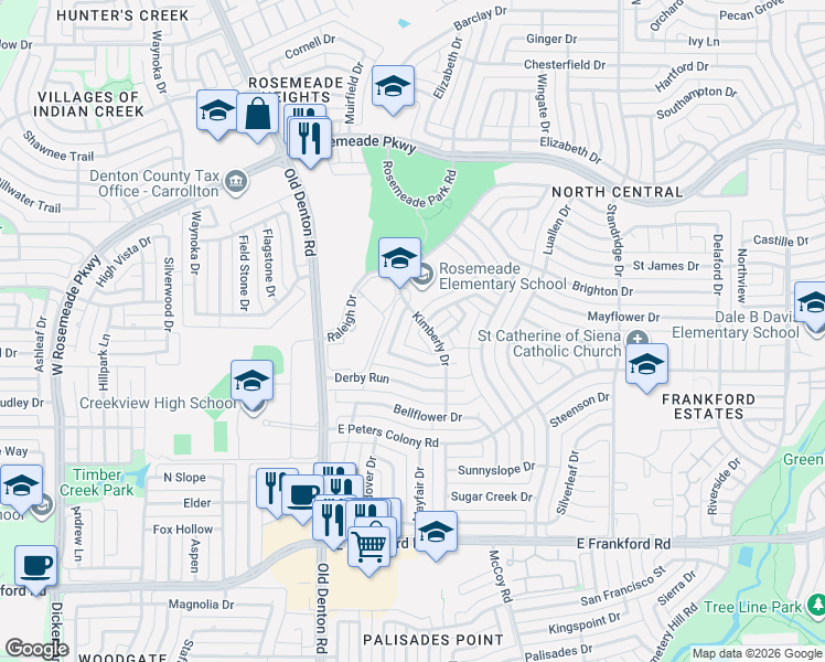 map of restaurants, bars, coffee shops, grocery stores, and more near 1411 Ranchview Court in Carrollton