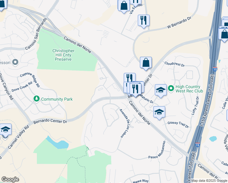 map of restaurants, bars, coffee shops, grocery stores, and more near 15720 Bernardo Center Drive in San Diego