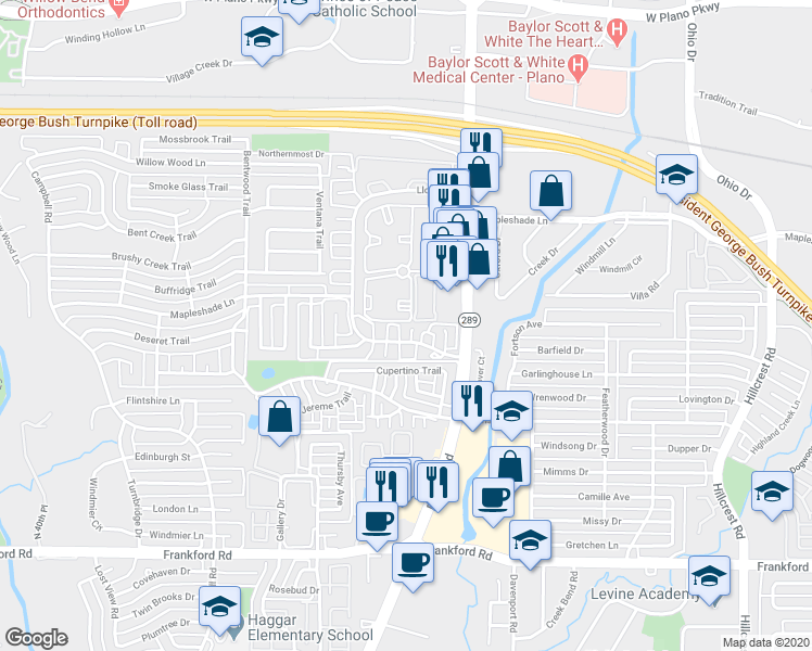 map of restaurants, bars, coffee shops, grocery stores, and more near 18723 Redstone Circle in Dallas