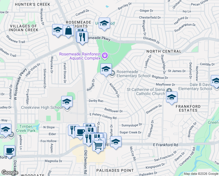map of restaurants, bars, coffee shops, grocery stores, and more near 1411 Ranchview Court in Carrollton