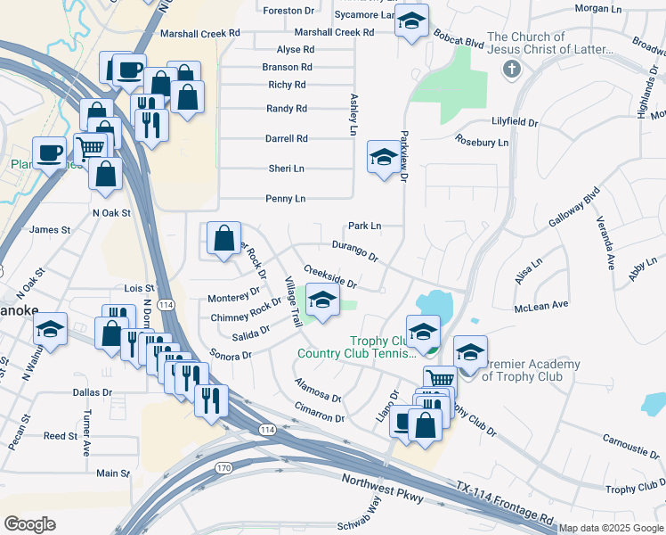 map of restaurants, bars, coffee shops, grocery stores, and more near 3 Greenbrook Court in Trophy Club