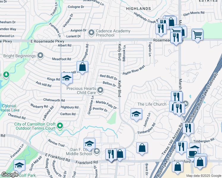 map of restaurants, bars, coffee shops, grocery stores, and more near 2220 Belton Drive in Carrollton
