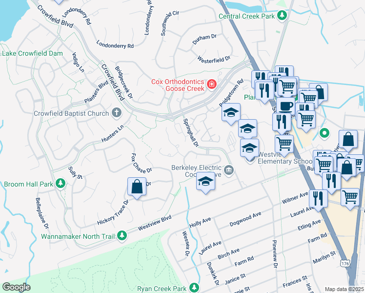 map of restaurants, bars, coffee shops, grocery stores, and more near 104 Shropshire Street in Goose Creek