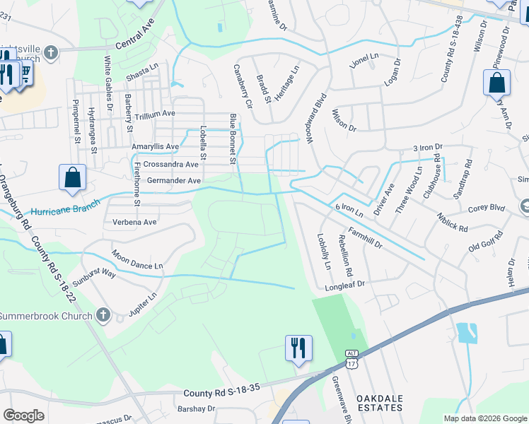 map of restaurants, bars, coffee shops, grocery stores, and more near 450 Longleaf Drive in Summerville