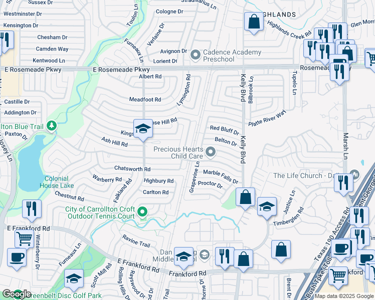 map of restaurants, bars, coffee shops, grocery stores, and more near 3339 Sam Rayburn Run in Carrollton