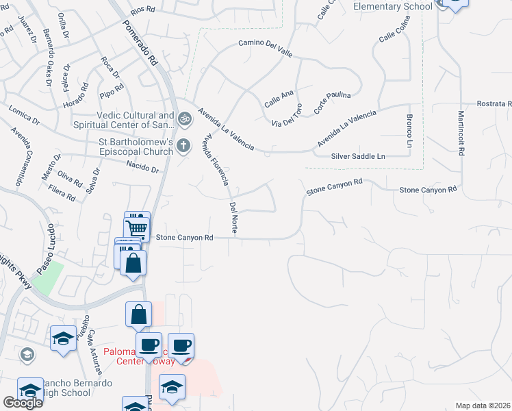 map of restaurants, bars, coffee shops, grocery stores, and more near 12842 Luiseno St in Poway