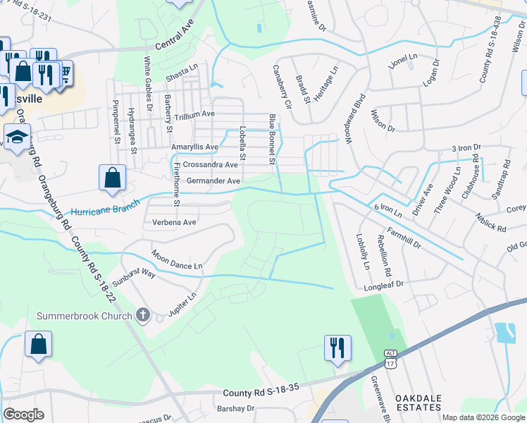 map of restaurants, bars, coffee shops, grocery stores, and more near 181 Moon Dance Lane in Summerville