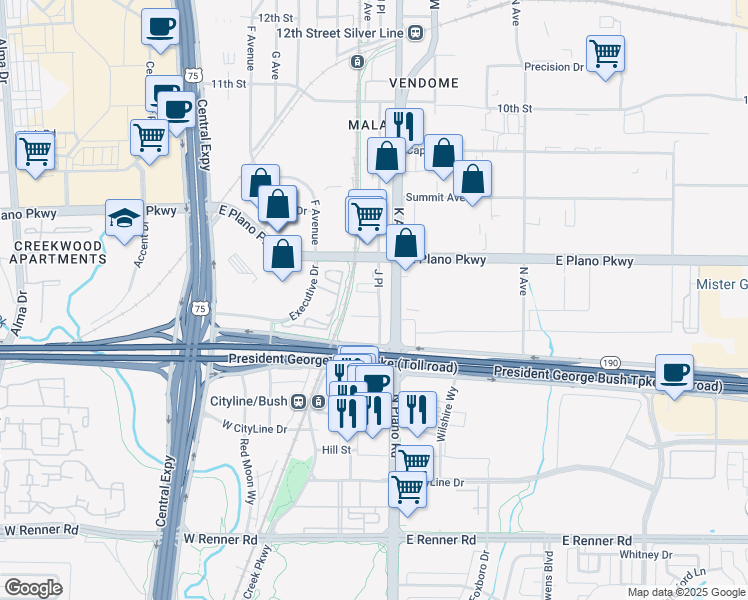 map of restaurants, bars, coffee shops, grocery stores, and more near 541 J Place in Plano