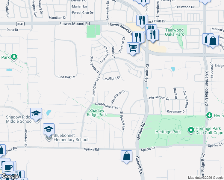 map of restaurants, bars, coffee shops, grocery stores, and more near 1516 San Jacinto Drive in Flower Mound