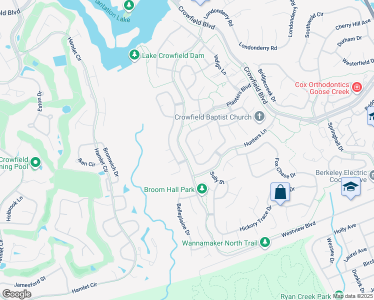 map of restaurants, bars, coffee shops, grocery stores, and more near 150 Commons Way in Goose Creek