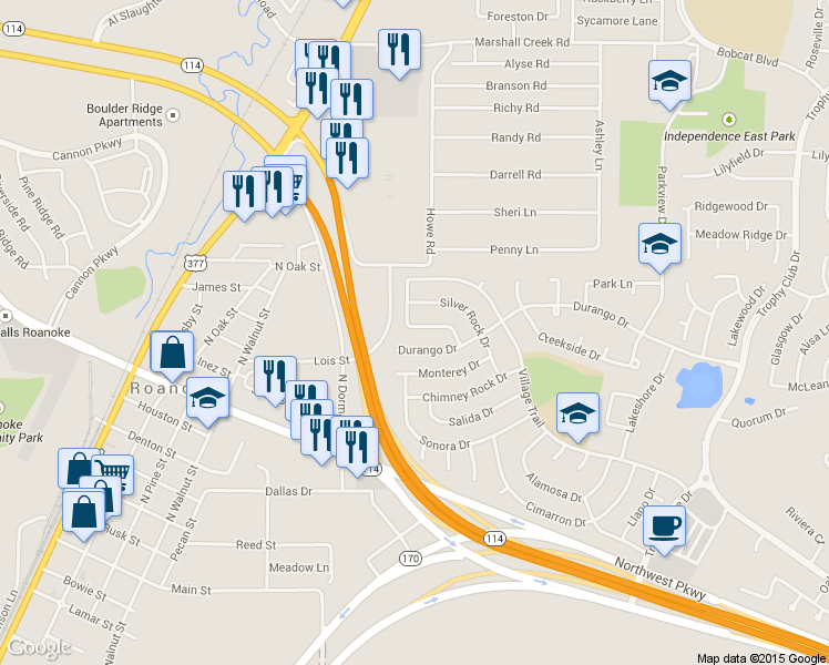 map of restaurants, bars, coffee shops, grocery stores, and more near 119 Rolling Rock Dr in Roanoke