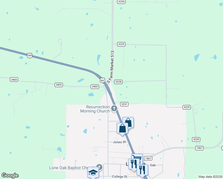 map of restaurants, bars, coffee shops, grocery stores, and more near 7381 U.S. 69 in Lone Oak