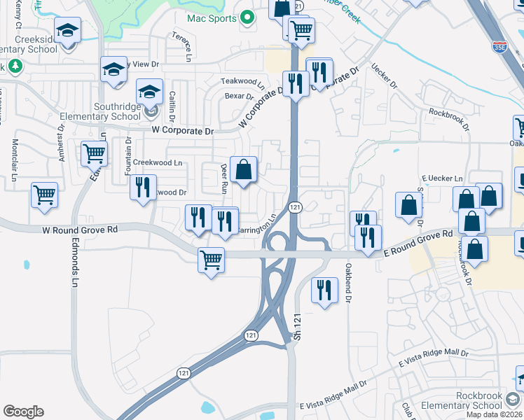 map of restaurants, bars, coffee shops, grocery stores, and more near 2467 Embleton Drive in Lewisville