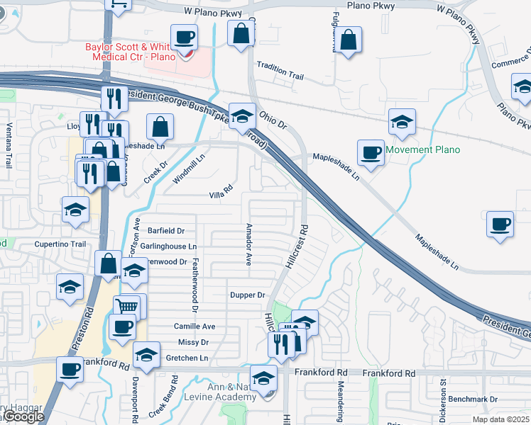 map of restaurants, bars, coffee shops, grocery stores, and more near 6715 Summer Meadow Lane in Dallas