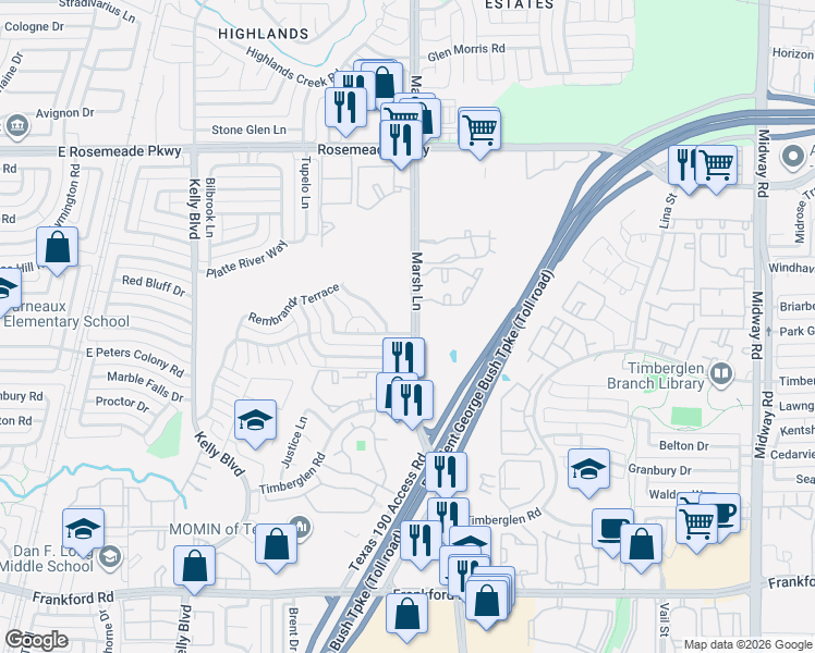 map of restaurants, bars, coffee shops, grocery stores, and more near 18743 Rembrandt Terrace in Dallas