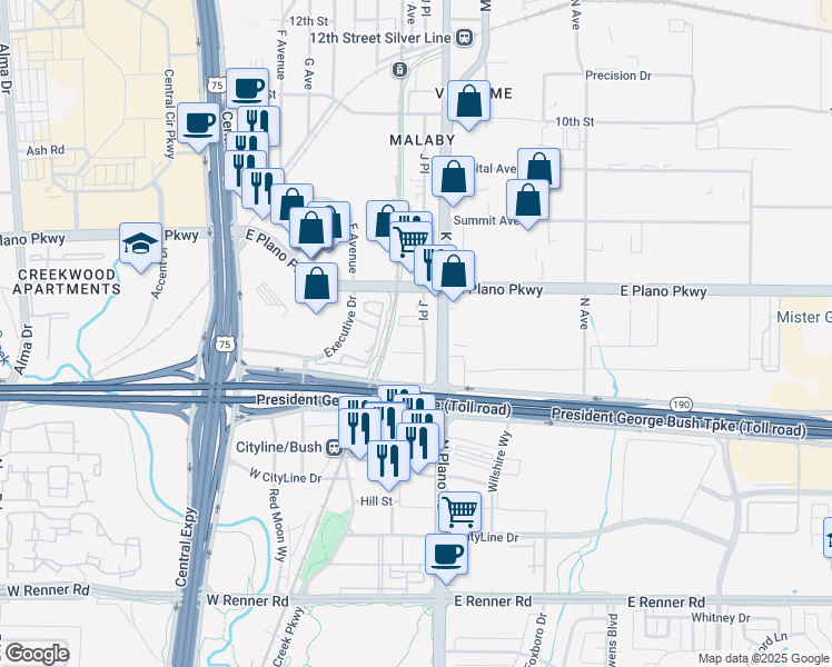 map of restaurants, bars, coffee shops, grocery stores, and more near 541 J Place in Plano