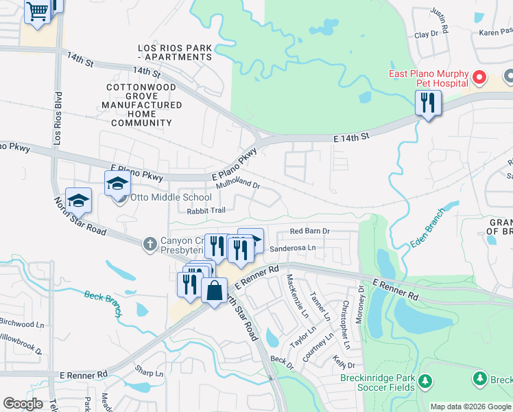 map of restaurants, bars, coffee shops, grocery stores, and more near 5004 Albatross Drive in Plano