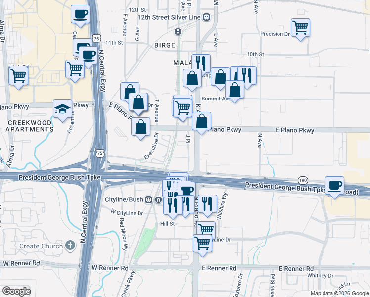 map of restaurants, bars, coffee shops, grocery stores, and more near 541 J Place in Plano