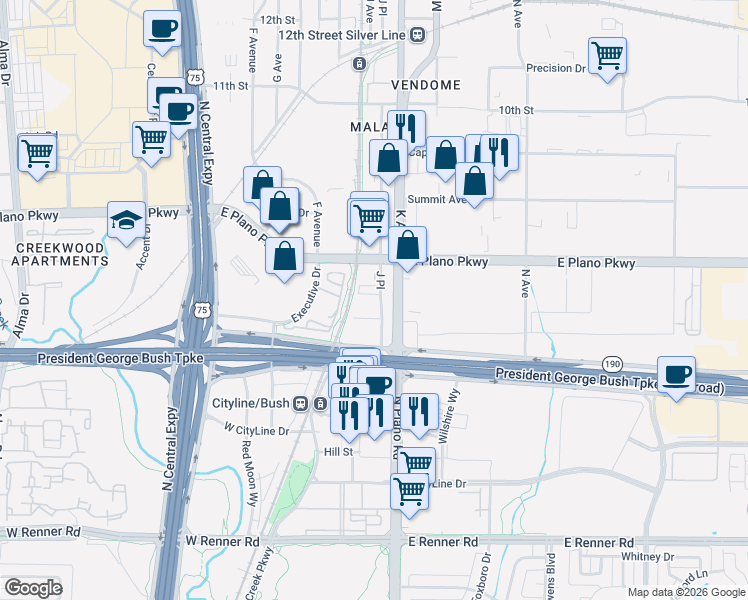 map of restaurants, bars, coffee shops, grocery stores, and more near 541 J Place in Plano