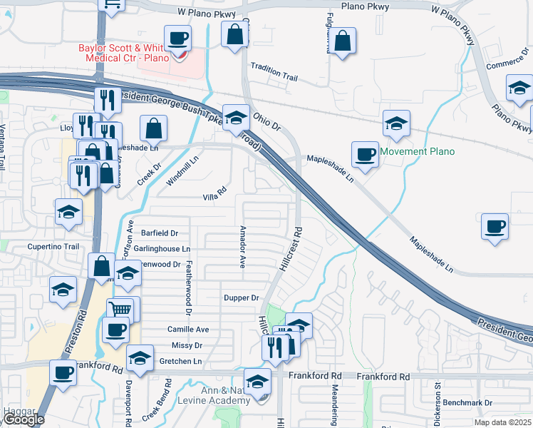 map of restaurants, bars, coffee shops, grocery stores, and more near 6715 Summer Meadow Lane in Dallas